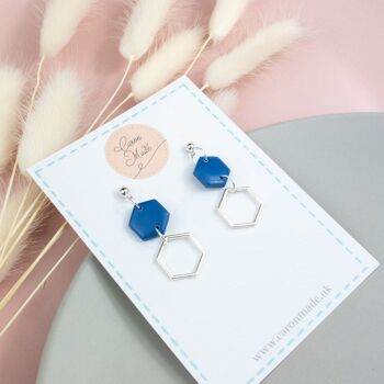 Boucles d'oreilles hexagones bleu et argent 2