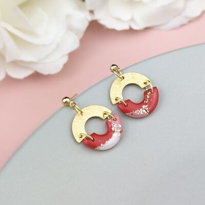 Red and pink drop earrings, with brass charm.