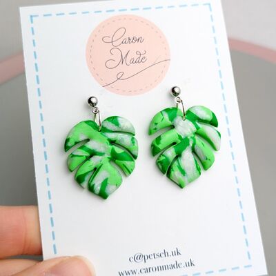 Pendants d'oreilles Feuille de Monstera Verte Marbrée