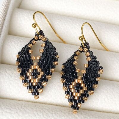 Black and Gold Beaded Earrings - Russian Leaf Style