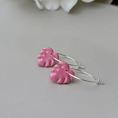 Pink monstera leaf hoop earrings