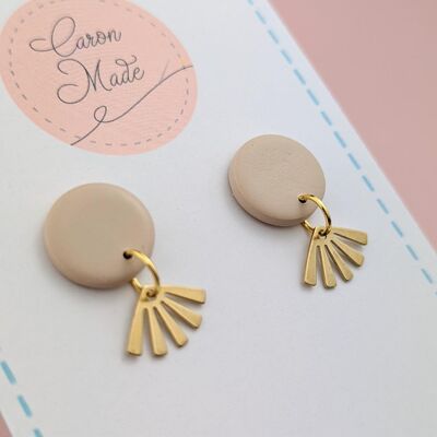 Neutral Beige stud and brass drop earrings - Medium - 15mm stud top