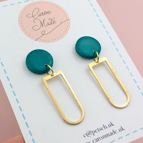 Emerald green stud and brass drop earrings