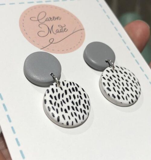 Grey and White Drop Earrings with Silk Screen Detailing - Mini