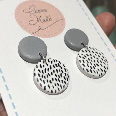 Grey and White Drop Earrings with Silk Screen Detailing - Mini
