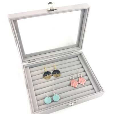 Boîte à bijoux en velours gris avec couvercle en verre