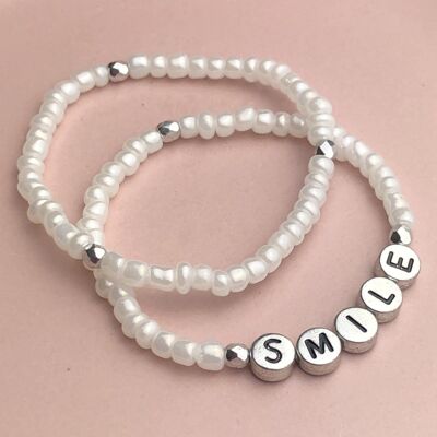Stacking Set of Personalised Beaded Bracelets - Pearl White and Silver