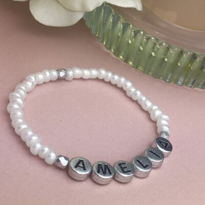 Bracciale personalizzato con nome - Bianco perla e argento