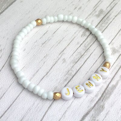 Personalised Name Bracelet - Opaque White and Gold.