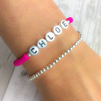 Personalisiertes Namens- oder Initialen-Perlenarmband, Strumpffüller für Mädchen und Teenager – Pink