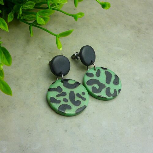 Green Animal Print Dangle Earrings.