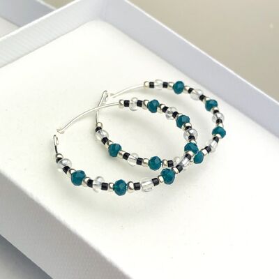 Hoop Earrings with Dark Green and Silver Beads