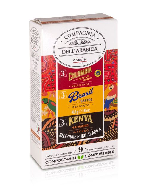 Café selección Colombia/Brasil/Kenya - 9 cápsulas de aluminio (compatible Nespresso®) Compagnia Dell'Arabica