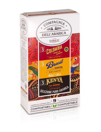 Café sélection Colombie/Brésil/Kenya - 9 capsules aluminium (compatibles Nespresso®) Compagnia Dell'Arabica