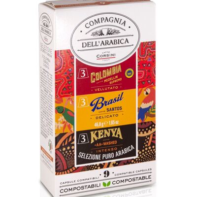 Café selección Colombia/Brasil/Kenya - 9 cápsulas de aluminio (compatible Nespresso®) Compagnia Dell'Arabica