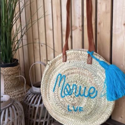 Cod round basket with long turquoise blue pompom