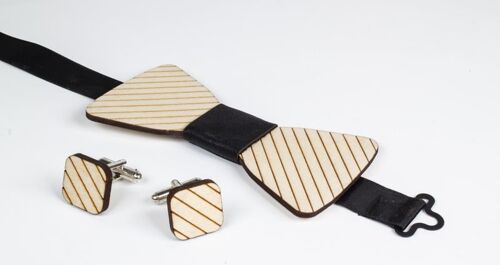 Wooden Bowtie & Cufflinks, stripes