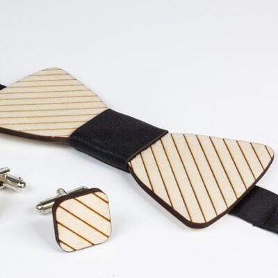 Noeud papillon & boutons de manchette en bois, rayures