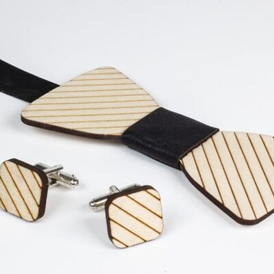 Wooden Bowtie & Cufflinks, stripes