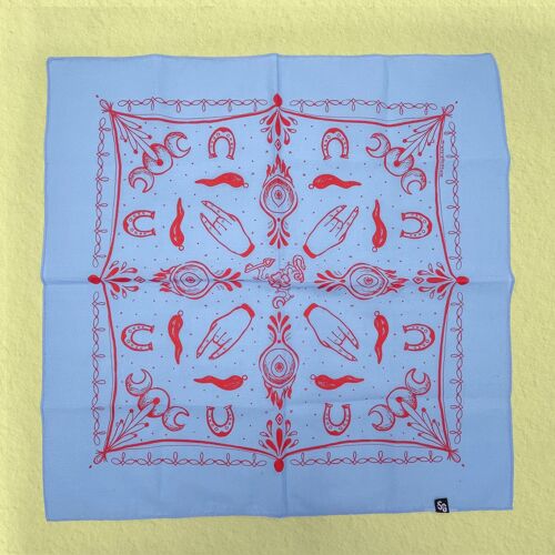 Mediterranean Witch Amulets, Talisman & Protection Symbols Cotton Bandana/Scarf - Sky Blue/Red