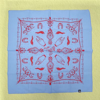 Mediterranean Witch Amulets, Talisman & Protection Symbols Cotton Bandana/Scarf - Sky Blue/Red