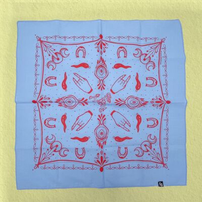Amuletos de bruja mediterránea, talismán y símbolos de protección Pañuelo/bufanda de algodón - Azul cielo/Rojo