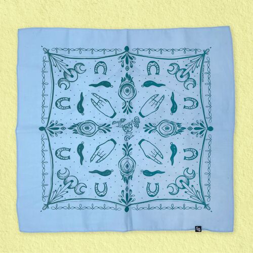Mediterranean Witch Amulets, Talisman & Protection Symbols Cotton Bandana/Scarf - Sky Blue/Tourquise