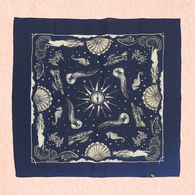 Sirena y criaturas marinas - Ilustraciones antiguas en pañuelo/bufanda de algodón