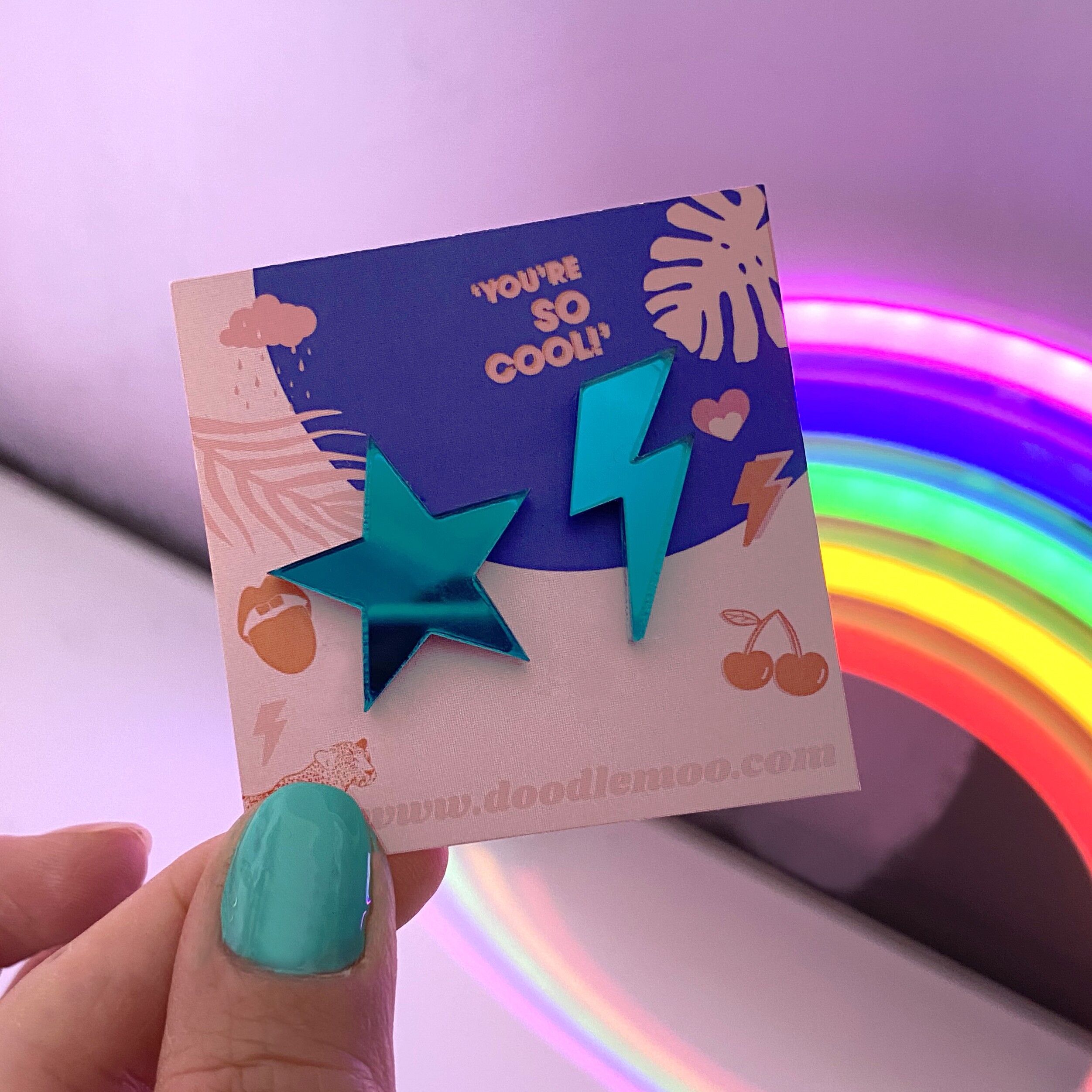 Star and lightning bolt studs - teal mirror