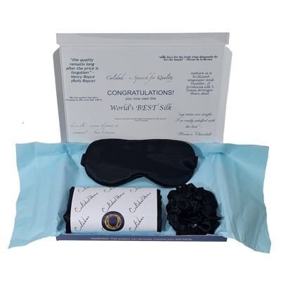 Schwarze Seiden-Kissenbezug-Augenmasken- und Haargummis-Kollektion