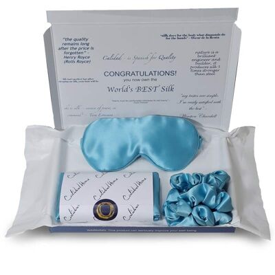 Aqua Silk Pillowcase Eye Mask & Scrunchies Collection