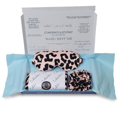 Funda de almohada de seda con estampado de leopardo Colección Eye Mask & Scrunchies