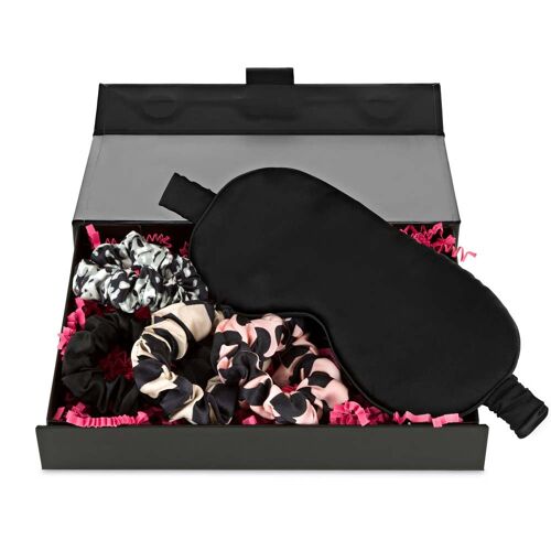 Silk Eye Mask & Scrunchies In A Gift Box - 6 black skinny