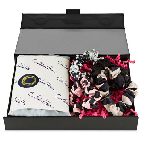Silk Pillowcase & Scrunchies Gift Box - Black 4 animal print regular