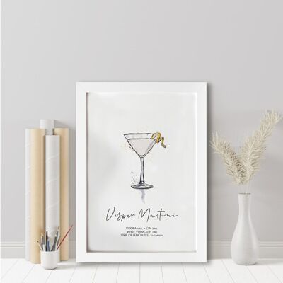 Vesper-Martini-Cocktail-Rezept drucken | Vesper-Martini-Cocktail | Aquarell Martini | Für sie | Geburtstag | Geburtstagsgeschenk | Briefkastengeschenk (1066245393-0)