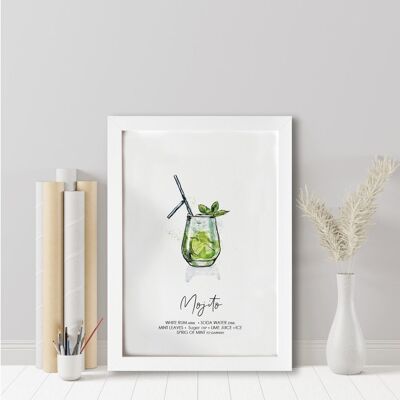 Impresión de receta de cóctel Mojito. Coctel Mojito. Amante de los cócteles. Regalo amante de los cócteles. Arte de pared de cóctel. (1009110515-2)