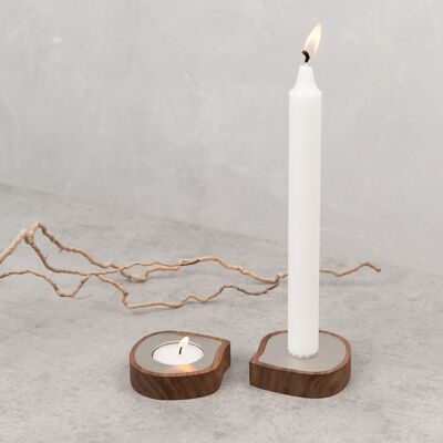 Tealight or taper candle holder | walnut, stainless steel