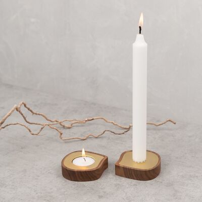 Tealight or taper candle holder | walnut, brass