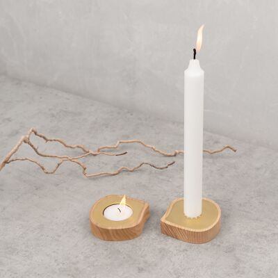 Tealight or taper candle holder | ash wood, brass