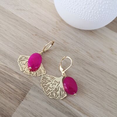 GINKO earrings gilded with fine gold and jade, nature spirit and natural stone jewelry. Fuchsia Pink