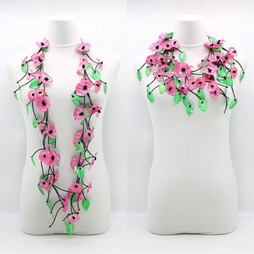Upcycled Plastic Bottles Poppy with Green Leaf Necklace - Pink/Green
