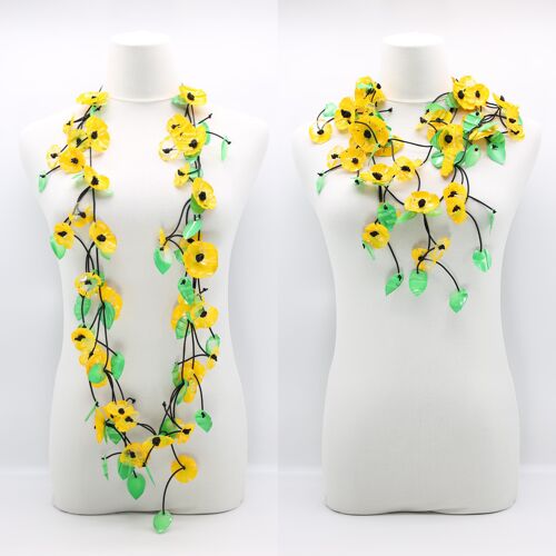 Upcycled Plastic Bottles Poppy with Green Leaf Necklace - Yellow/Green