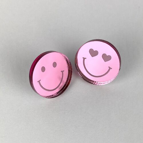 Smiley face acrylic studs - sterling silver - pink - heart eyes