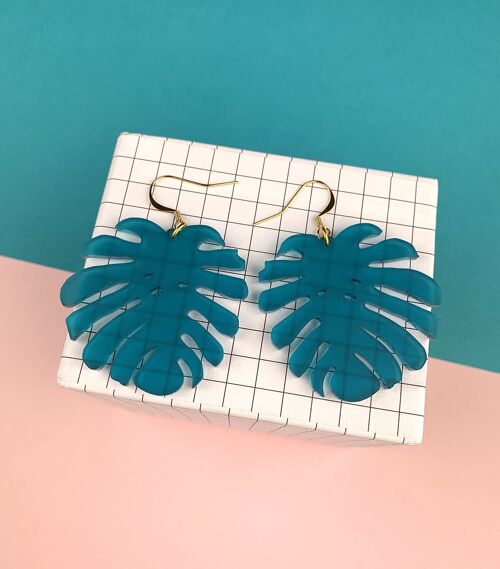 Monstera acrylic earrings - frosted teal