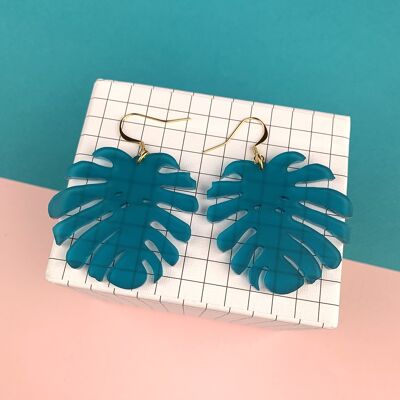 Monstera acrylic earrings - frosted teal