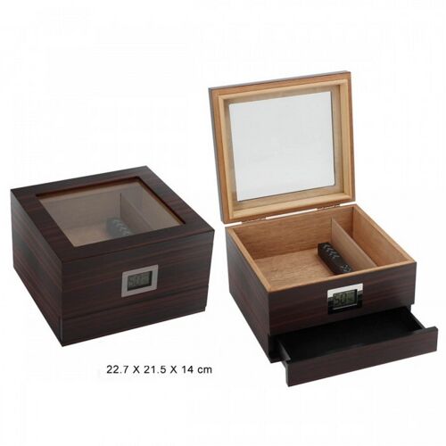 30 Cigar HUMIDOR brown glass and drawer / 1409