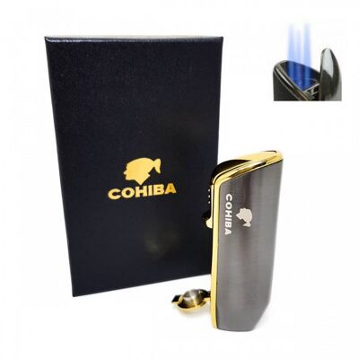 Coffret cadeau briquet 3 jets flamme COHIBA gris / COB-528-GR