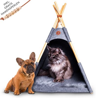 Tipi per cani e gatti: una tenda in feltro da 65x65x90 cm fino a 12 kg | Cuccia per cani e cuccia per gatti in grigio antracite con cuscino + perline con nome GRATIS