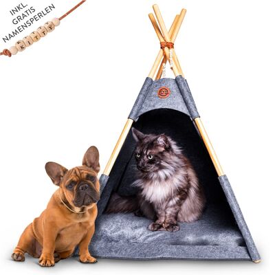 Tipi für Hunde und Katzen - Ein Filz Zelt in 65x65x90cm bis 12kg | Hundebett & Katzenbett in Anthrazit grau inkl. Kissen + GRATIS Namensperlen