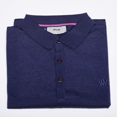 Very light short-sleeved polo shirt in denim blue merino